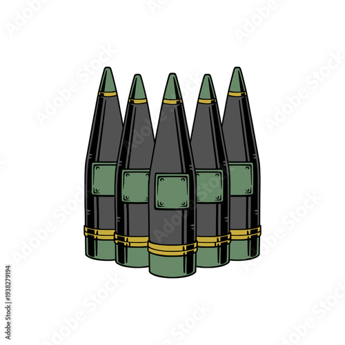 Rifle Ammunition Bullet Illustration. Five Artillery Shells Ammunition Military Vector Design. Cartridge Ammo Weapon