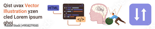 Artificial intelligence, decision-making, coding, visualization, technology innovation, teamwork. A mix of coding elements, a brain illustration and a team concept. Artificial intelligence