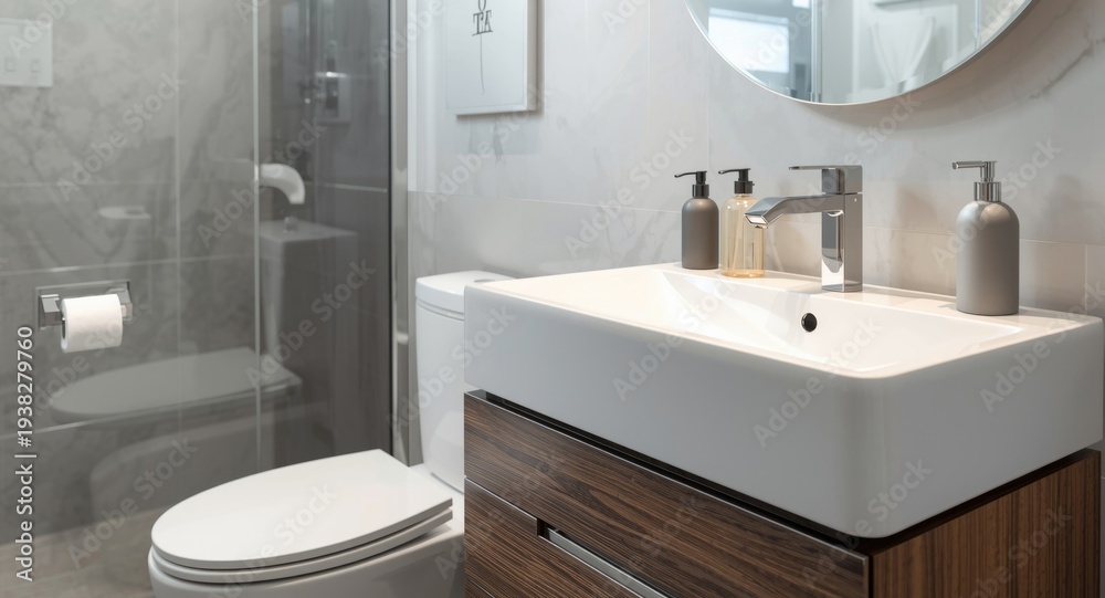 Fototapeta premium Elegant bathroom environment with toilet paper and modern sink focusing on must-have bathroom essentials