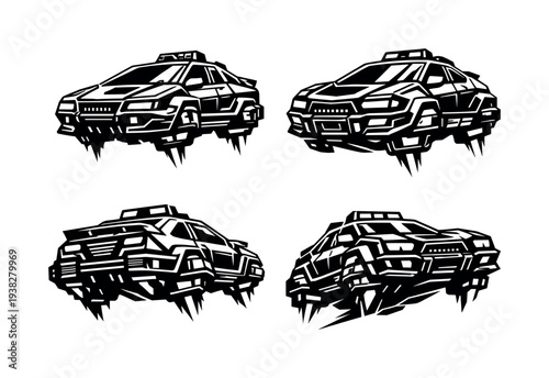Futuristic flying car set in black and white silhouette vector illustration