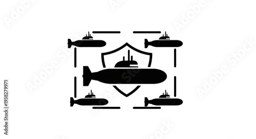Submarine Silhouette with Shield Icon.