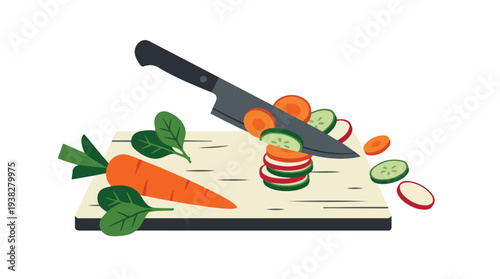 Fresh Vegetables Being Sliced on a Wooden Cutting Board.