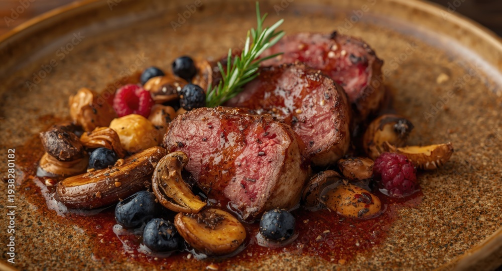 Fototapeta premium Close up view of succulent venison medallions paired with sautÃ©ed wild mushrooms and fresh berries on a rustic dish ideal for gourmet presentations