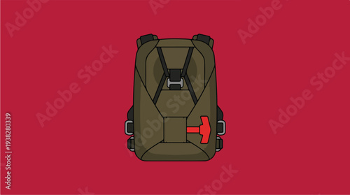 Green Backpack Illustration with Red Accent on Red Background.