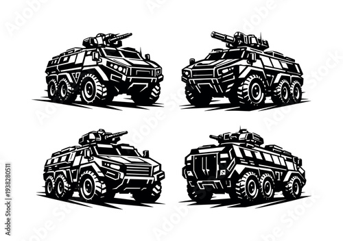 Black and white vector silhouette of armored military vehicles set