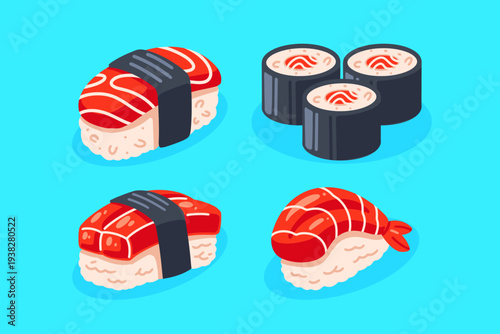Japanese Salmon Sushi Icon Set. Salmon Nigiri, Shrimp Nigiri, Maki Rolls Vector Design. Food Flat Design Vector Illustration
