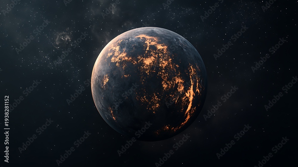 Obraz premium Alien planet with glowing orange molten surface against a dark starry cosmic background