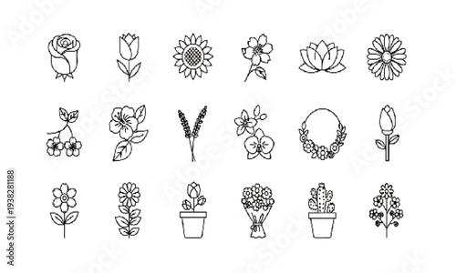 Floral Outline Icon Set – Garden Flowers and Botanical Line Vector Collection