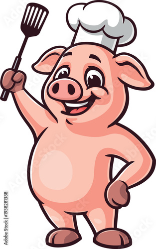 Cartoon pig mascot holding a spatula and wearing a chef's hat