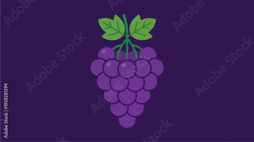 Illustration of a bunch of purple grapes with green leaves.