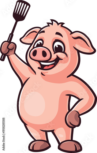 Cartoon pig mascot holding a spatula