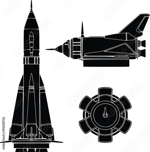 Space shuttle rocket and satellite vector illustration, flat design