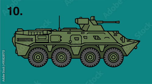 Illustration of a green armored personnel carrier vehicle with six wheels.
