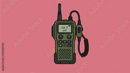 Illustration of a green walkietalkie device on a pink background.