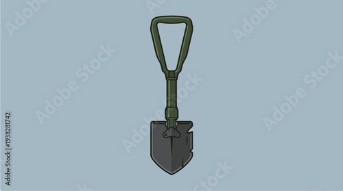 Illustration of a green folding shovel on a plain background.
