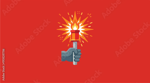 Illustration of a hand holding a burning torch with radiating light.