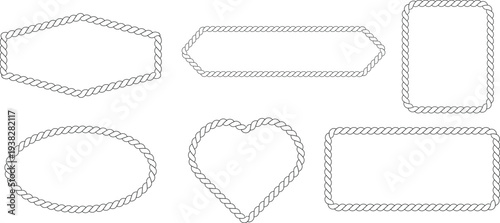 Nautical rope frame borders circle square oval heart shapes in sea sailor theme isolated on white background