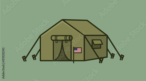 Illustration of a militarystyle tent with American flag.