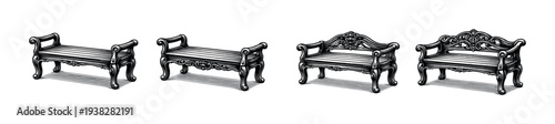 Elegant vintage benches illustrations set with ornate details in black and white