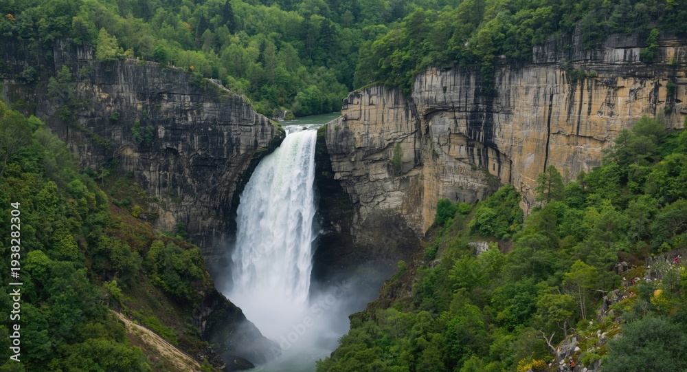 Obraz premium Dramatic waterfall flowing down steep cliffs in green forest