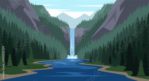 An illustrated scene of a vibrant blue waterfall cascading into a river in a lush, green mountain valley, conveying tranquility and natural beauty in a clean vector design.