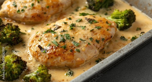 Close up shot of chicken fillet and broccoli baked in a creamy cheese sauce baking tray
