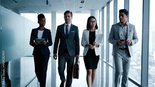 Business Professionals Walking in Modern Office Building.