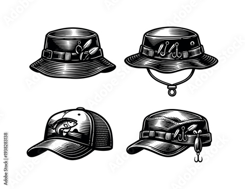 Fishing hats and caps vector illustration set silhouette style black and white