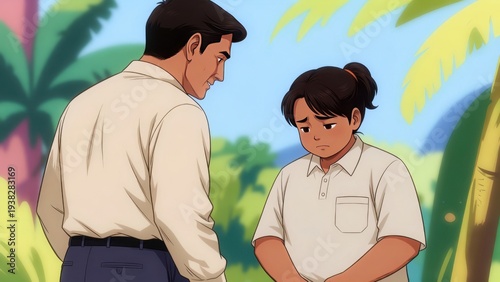 Man and a girl are standing in a jungle. The girl is crying and the man is trying to comfort her