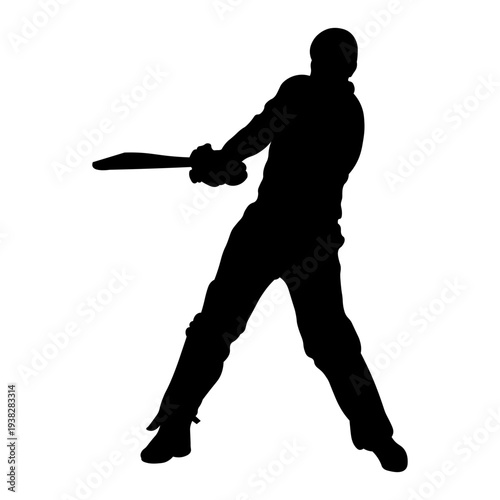 Cricket Player Silhouette. Isolated on White Background