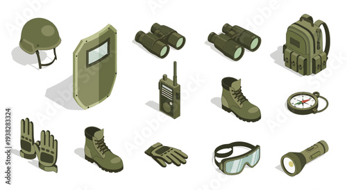 Isometric Military Equipment and Tactical Gear Icons Set on White Background