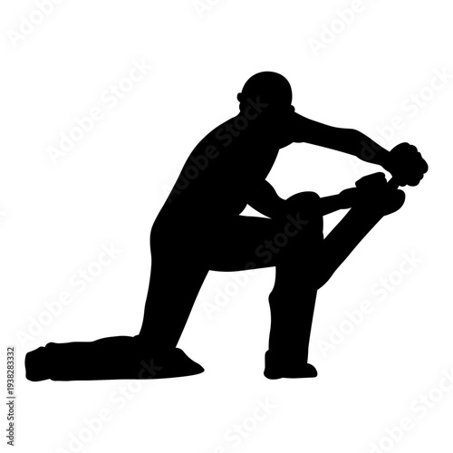 Cricket Player Silhouette. Isolated on White Background