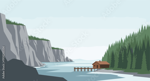 Flat vector illustration of a secluded wooden cabin with a pier on a lake, flanked by towering cliffs and dense evergreen forests, evoking tranquility and escape.