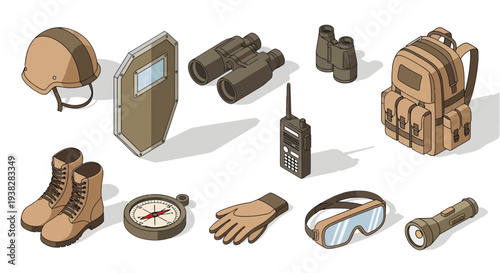 Isometric Desert Military Equipment and Tactical Combat Gear Icons Set