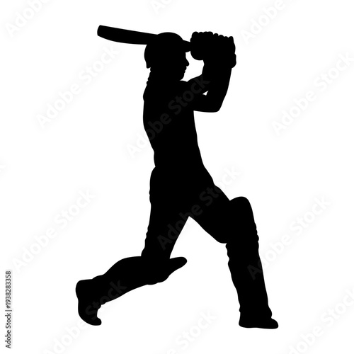 Cricket Player Silhouette. Isolated on White Background