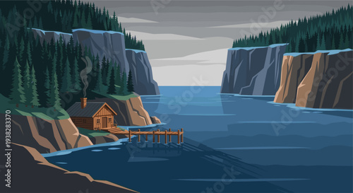 Serene illustration of a cozy wooden cabin nestled by a blue forest lake with a dock, surrounded by rocky cliffs and evergreen trees under a cloudy sky.
