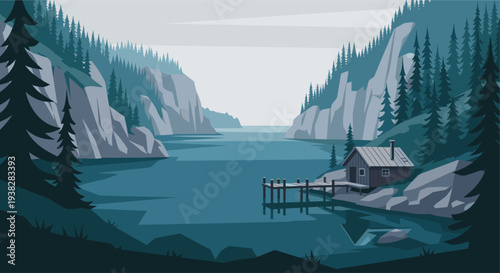 Solitary cabin sits nestled on a lake shore with a dock surrounded by mountains and evergreen trees in a serene, minimalist landscape. Perfect for travel or nature concepts.