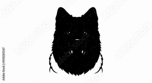 Black dog head with detailed fur texture, piercing eyes