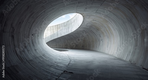 Architectural abstract image of a concrete void tunnel twisting with natural light and copy space background texture
