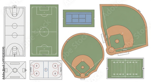 Collection of Sports Fields and Courts Top Down View.