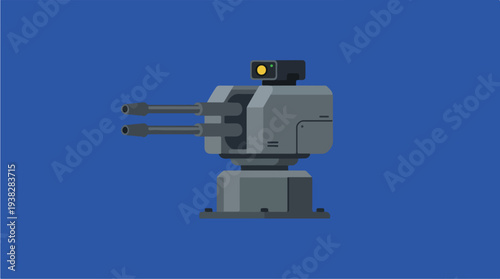 Modern Automated Defense Turret with Dual Cannons and Sensor.