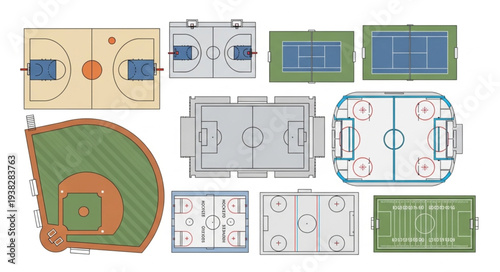 Collection of Sports Fields and Courts Top View.