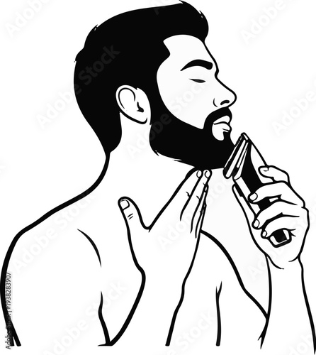 Man with beard trims his facial hair with an electric razor