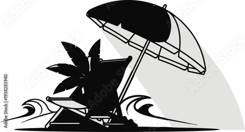 A beach scene with a lounge chair, umbrella, palm leaves, and waves