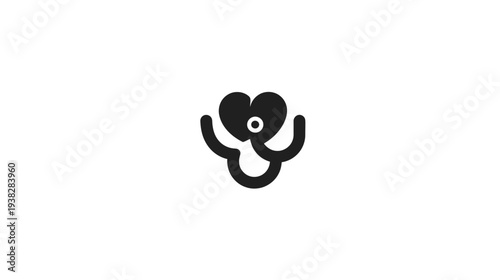 A stylized heart shape with arms and an eye-like circle on white background