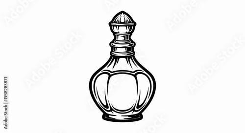 Ornate glass bottle with a tall, multi-tiered stopper and a rounded, segmented body