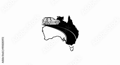 A black and white illustration of a vehicle driving on a road that cuts across the continent of Australia