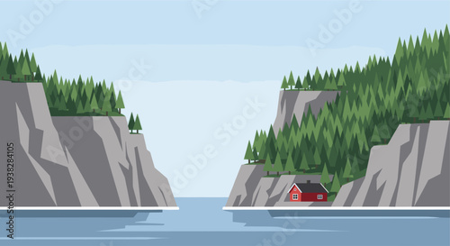 Minimalist vector illustration featuring a small red cabin nestled at the base of a cliff alongside a calm, blue fjord surrounded by evergreen forests, evocative of a peaceful Norwegian landscape.