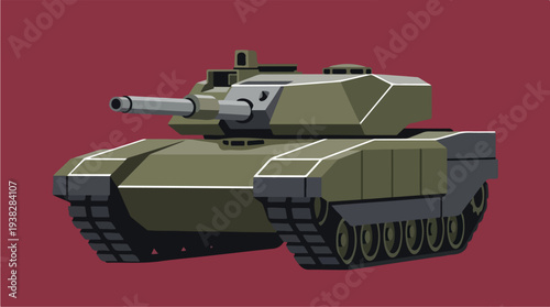 Modern Military Tank Illustration on Red Background.