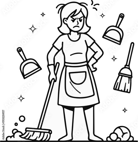 Angry person with broom and dustpan cleaning up mess, surrounded by stars